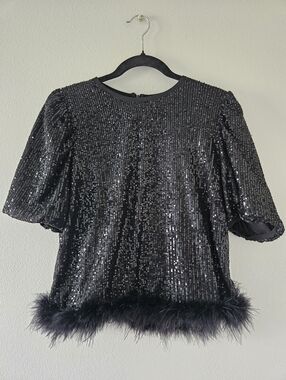 COCOBLEU NWT Black Sequin Feather-Hem Women's Top